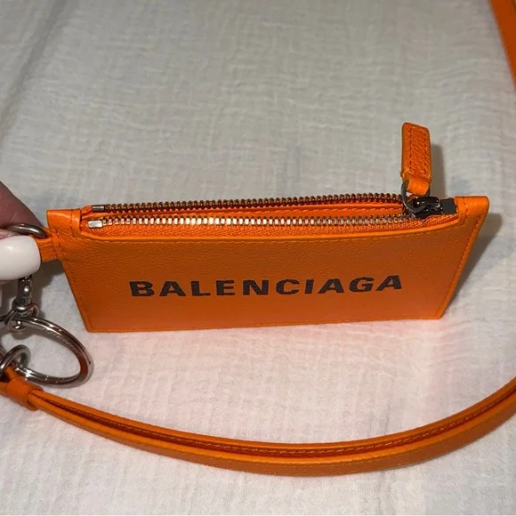 New $395 Balenciaga Calfskin Logo Cash Coin Holder Keychain in Orange! GIFT - Picture 6 of 7